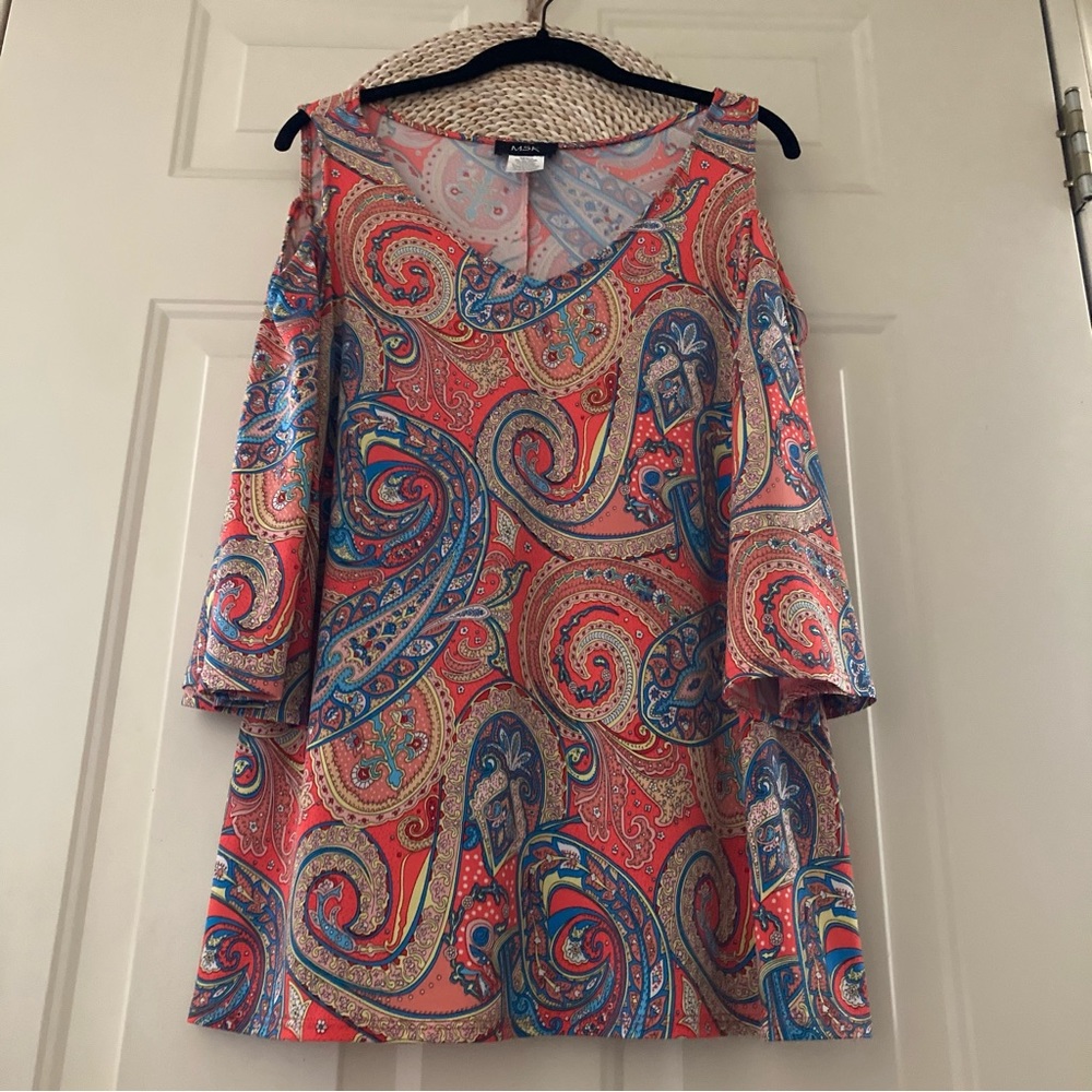 MSK Cold Shoulder Paisley Tunic 3/4 Bell Sleeve Bright Coral Multi Sz L